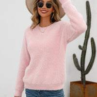 Dropped Shoulder Round Neck Fuzzy Sweater