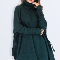 Tied Turtleneck Asymmetrical Hem Sweater