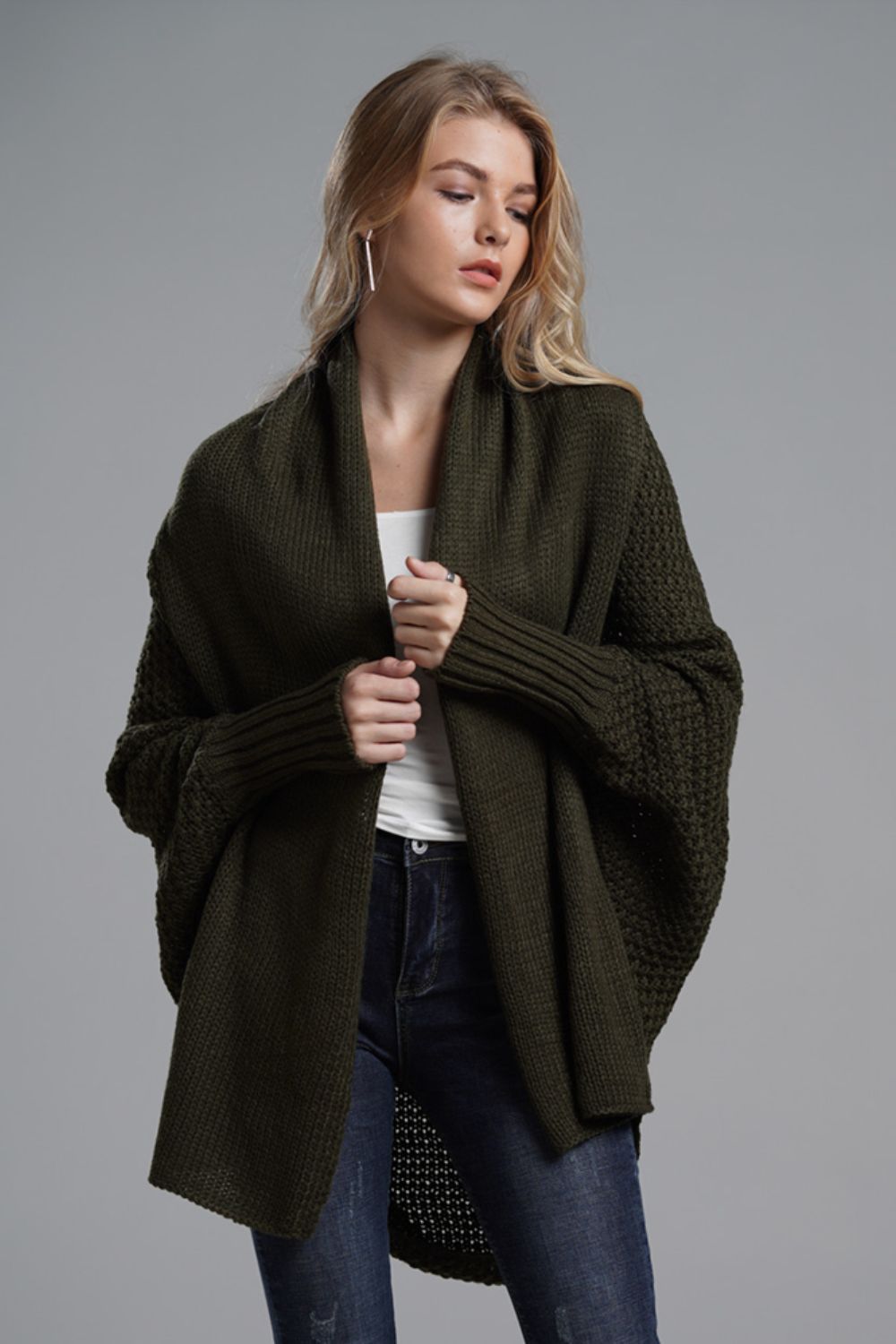 Modern Lady of Elegance Dolman Sleeve Open Front Ribbed Trim Longline Cardigan