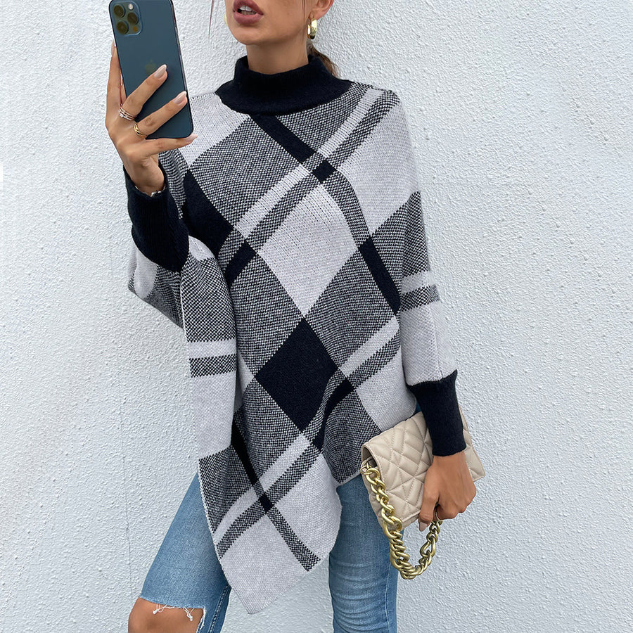 Tartan Plaid High Neck Pullover Poncho