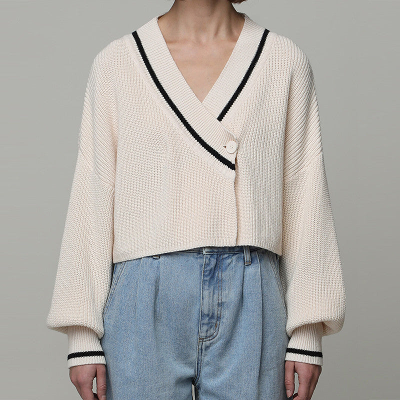 Easy Breezy Boxy Type Crop One Button Knitted Sweater