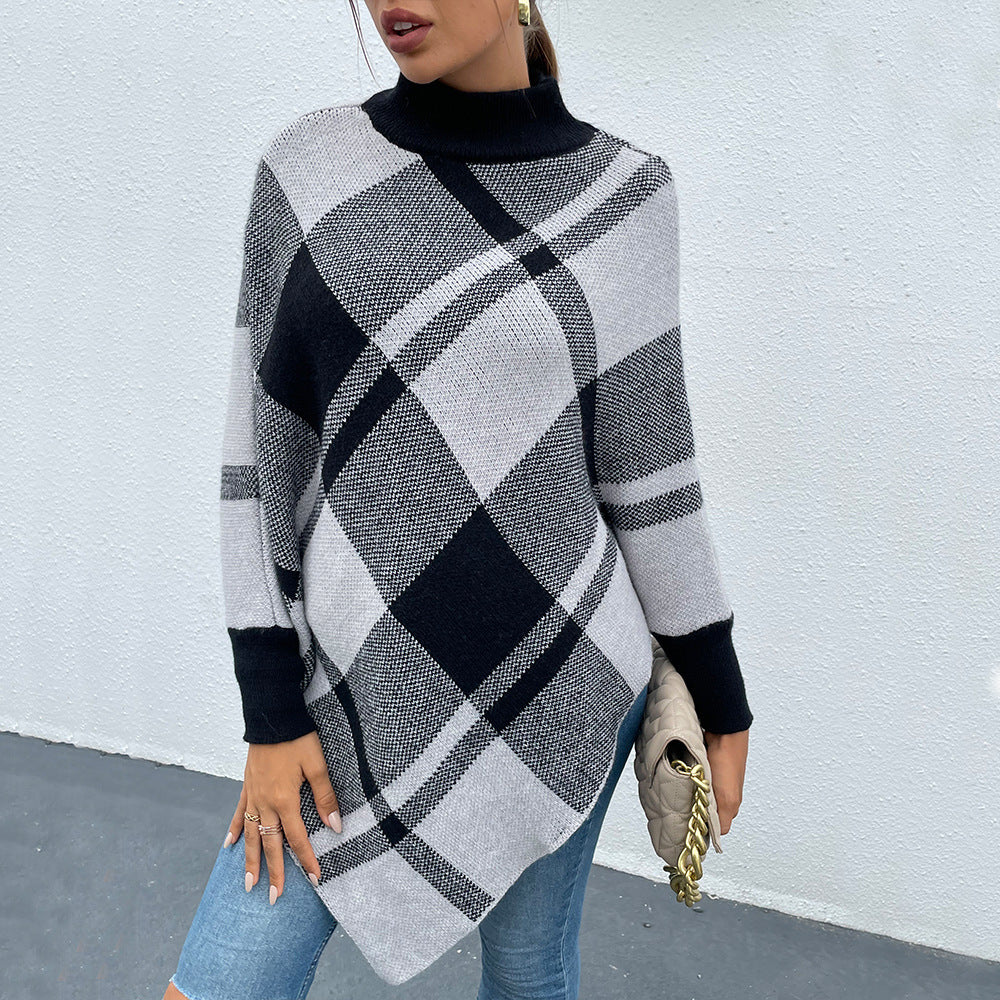 Tartan Plaid High Neck Pullover Poncho