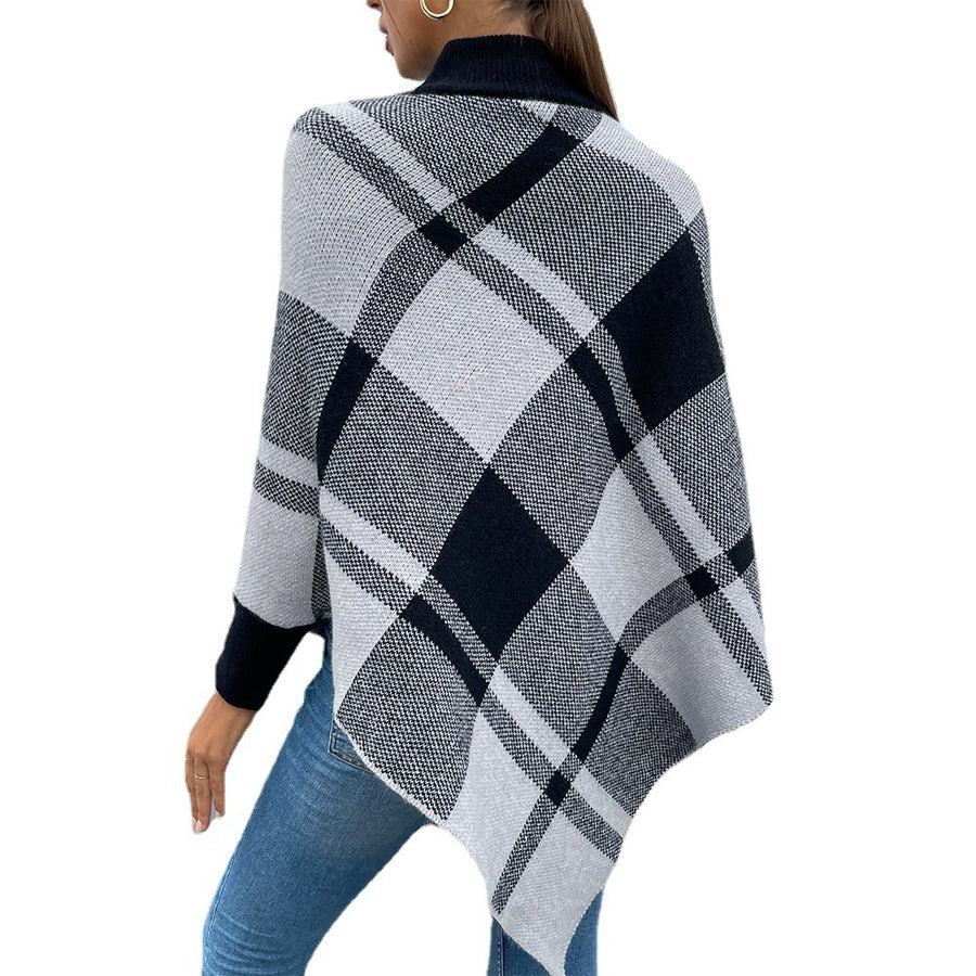 Tartan Plaid High Neck Pullover Poncho