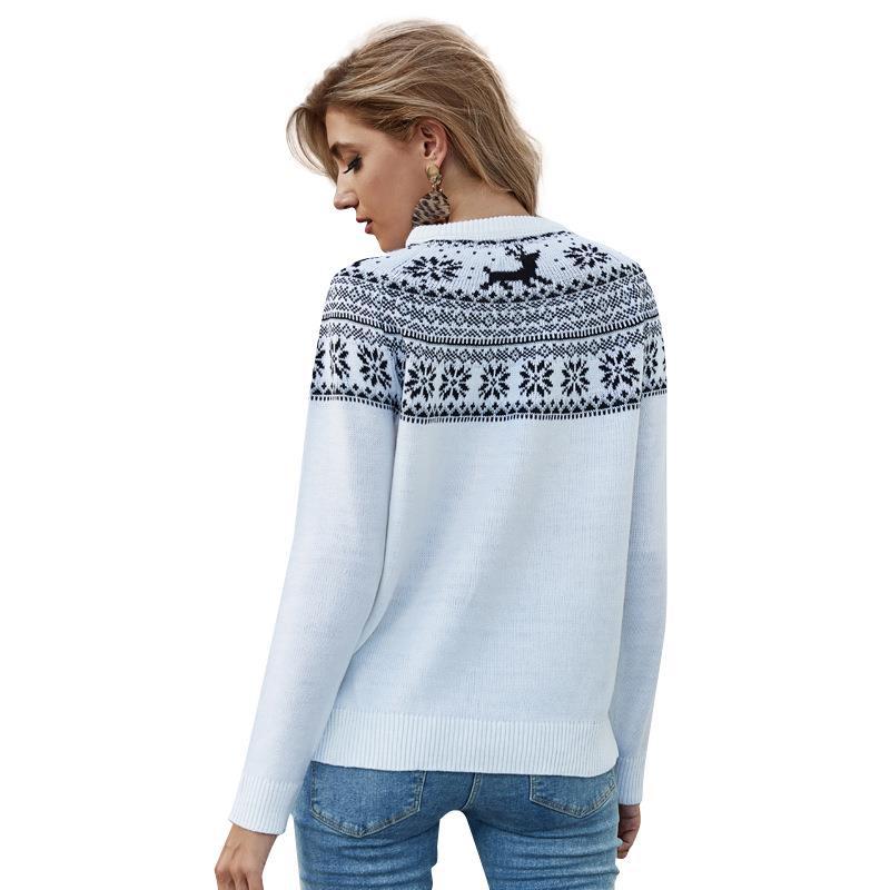 White Holiday Slavic Pattern Sweater with Reindeer