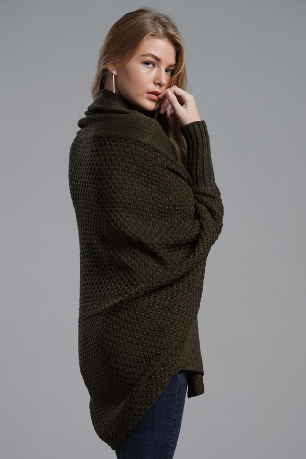 Modern Lady of Elegance Dolman Sleeve Open Front Ribbed Trim Longline Cardigan