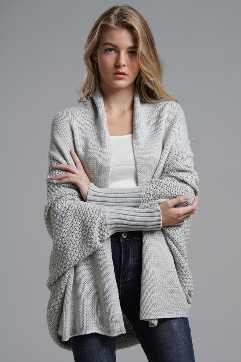 Modern Lady of Elegance Dolman Sleeve Open Front Ribbed Trim Longline Cardigan