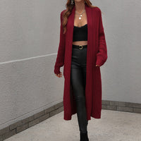 Waffle Knit Open Front Duster Cardigan With Pockets