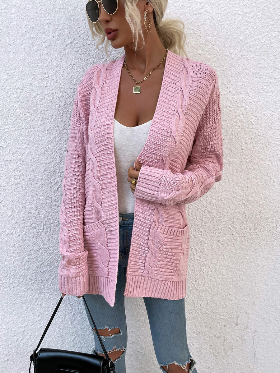 Cable-Knit Open Front Cardigan with Pockets