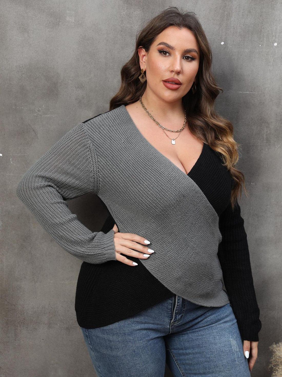 Vivacious Diva Plus Size Two-Tone Surplice Neck Sweater