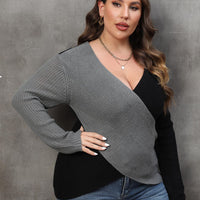 Vivacious Diva Plus Size Two-Tone Surplice Neck Sweater