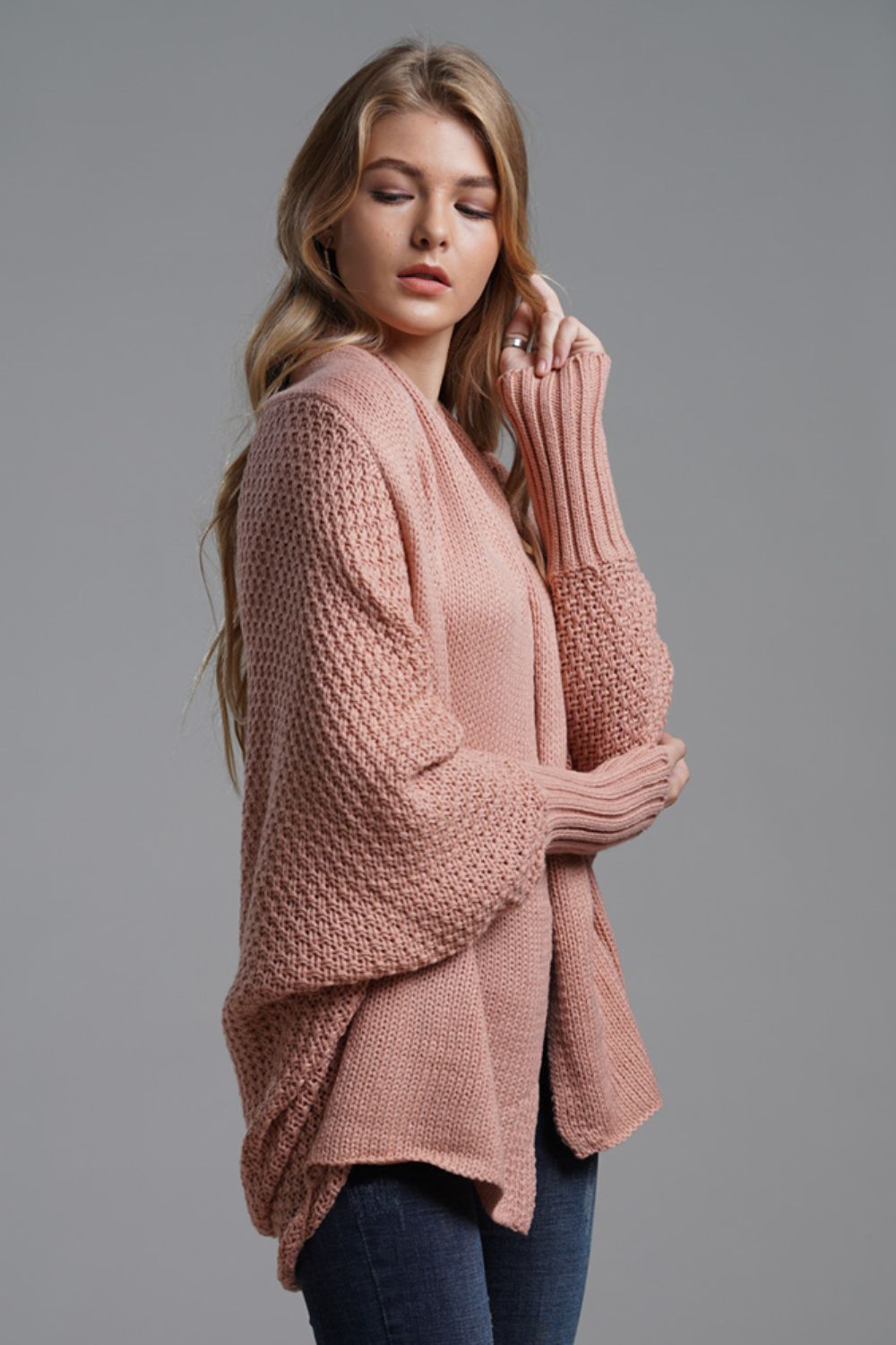 Modern Lady of Elegance Dolman Sleeve Open Front Ribbed Trim Longline Cardigan