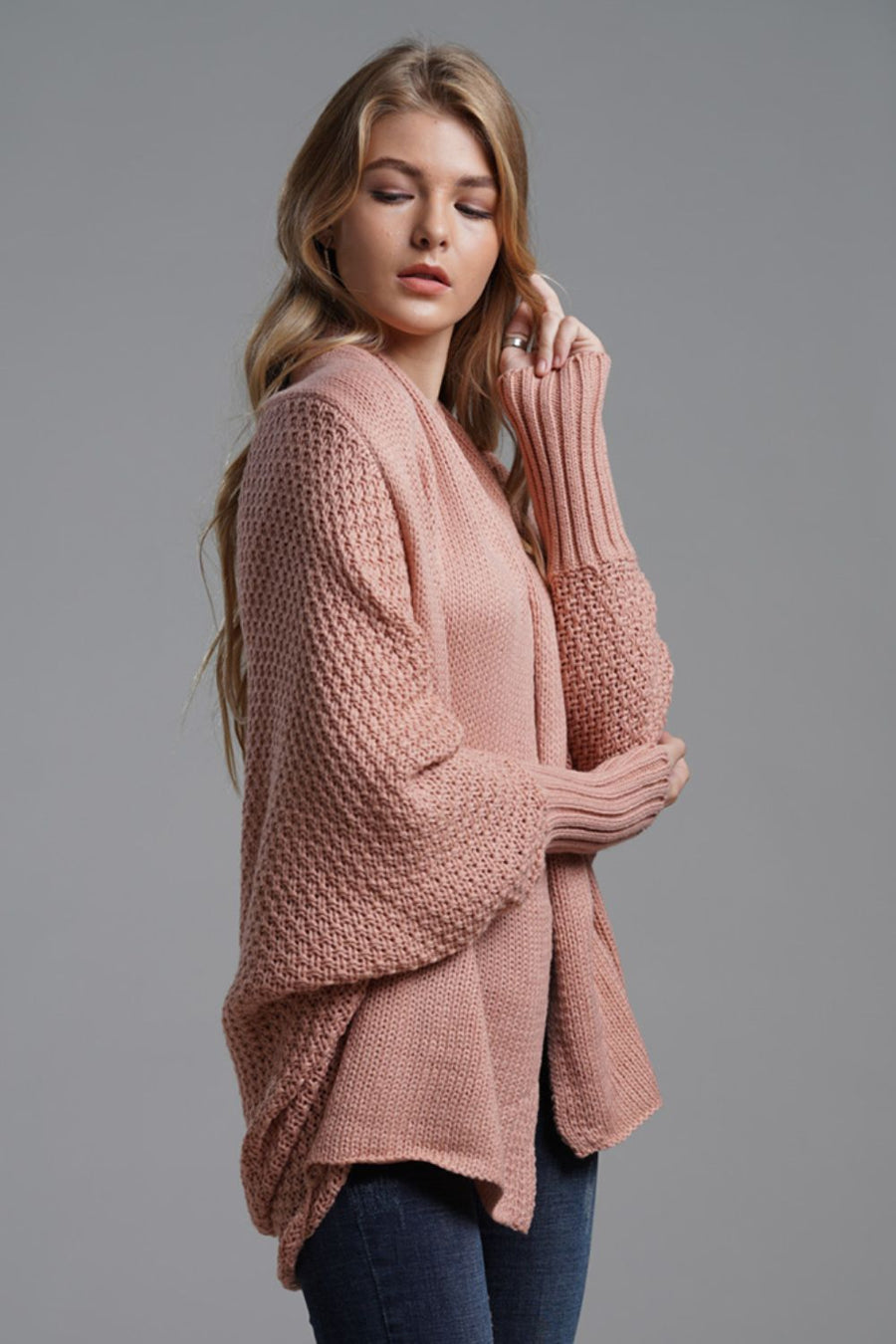 Modern Lady of Elegance Dolman Sleeve Open Front Ribbed Trim Longline Cardigan