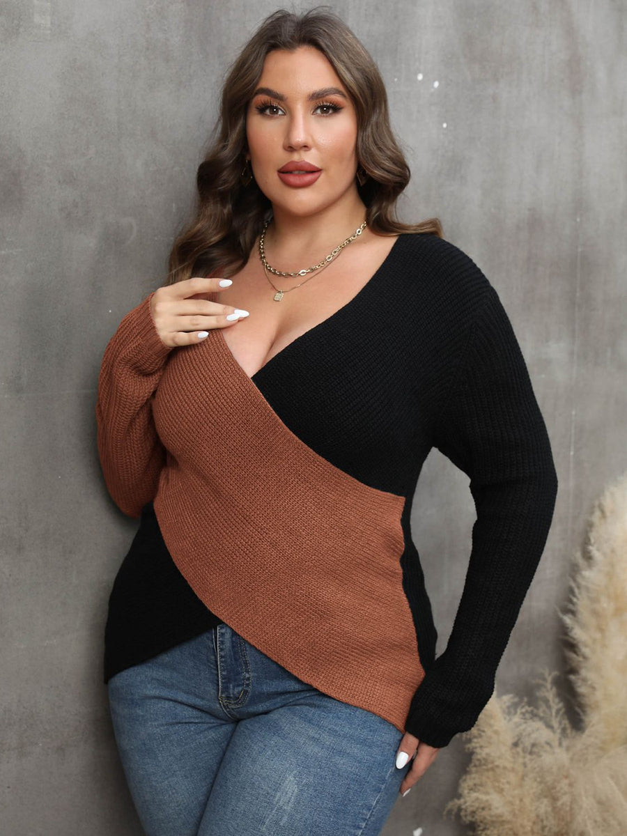 Vivacious Diva Plus Size Two-Tone Surplice Neck Sweater