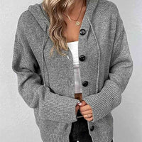 Button Up Drawstring Long Sleeve Hooded Cardigan