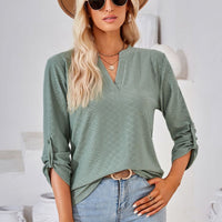 V-Neck Roll-Tap Sleeve Blouse