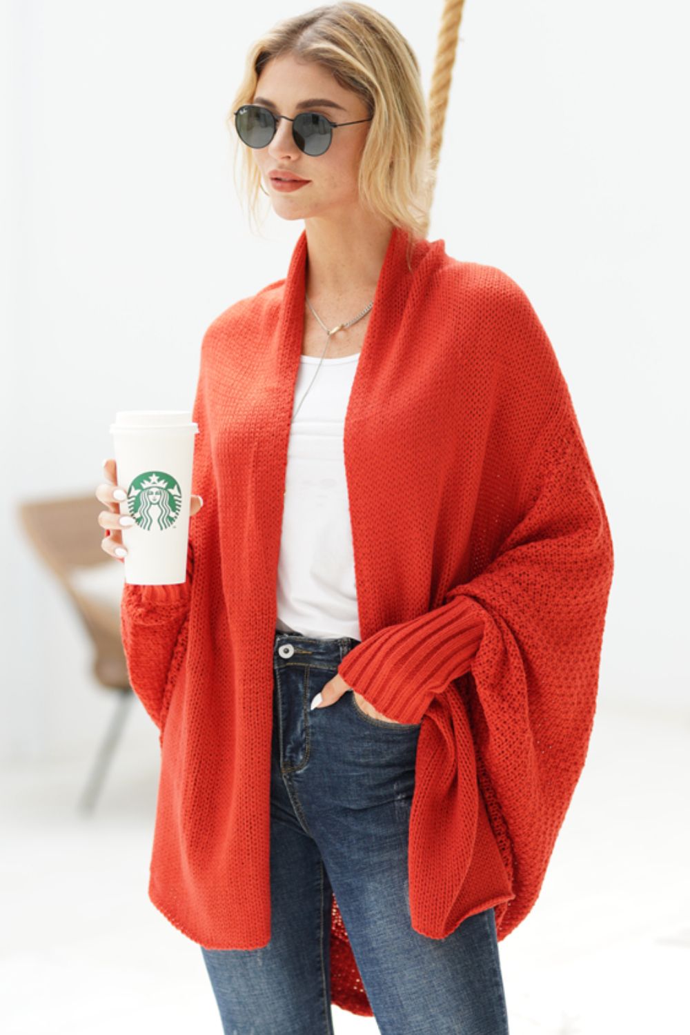 Modern Lady of Elegance Dolman Sleeve Open Front Ribbed Trim Longline Cardigan