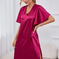 Satin Flutter Sleeve Side Slit V-Neck Night Dress