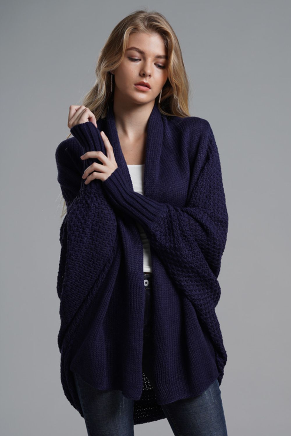 Modern Lady of Elegance Dolman Sleeve Open Front Ribbed Trim Longline Cardigan