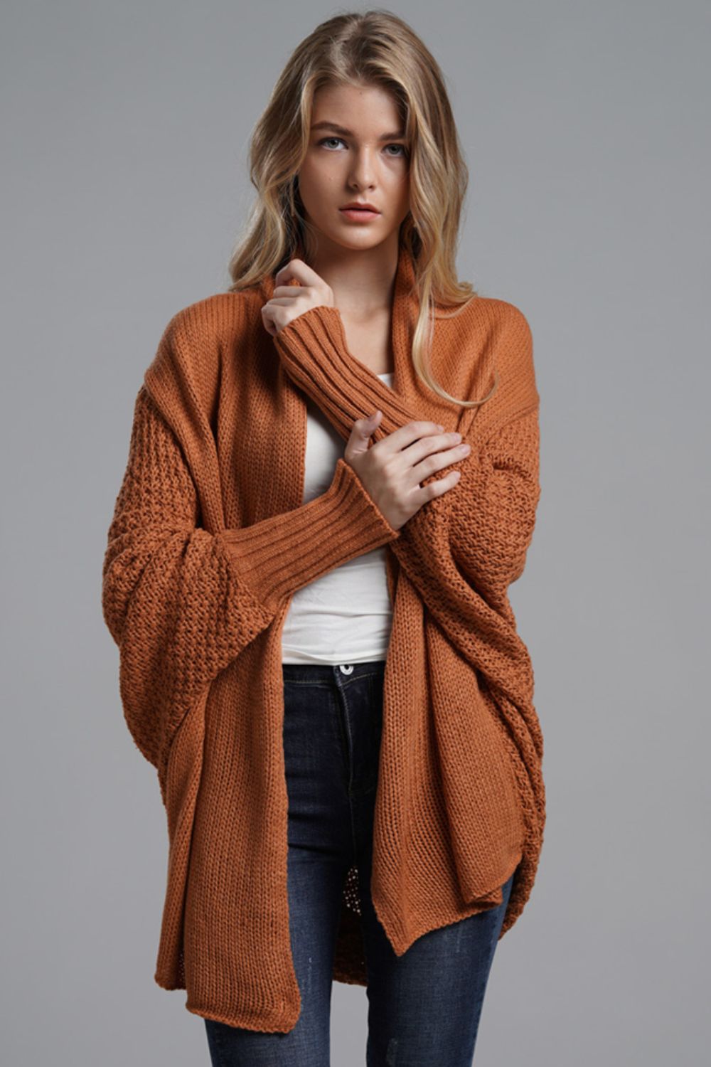 Modern Lady of Elegance Dolman Sleeve Open Front Ribbed Trim Longline Cardigan