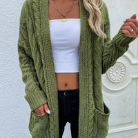 Cable-Knit Open Front Cardigan with Front Pockets