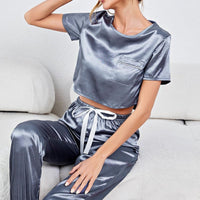 Satin Short Sleeve Crop Top and Joggers Lounge Set