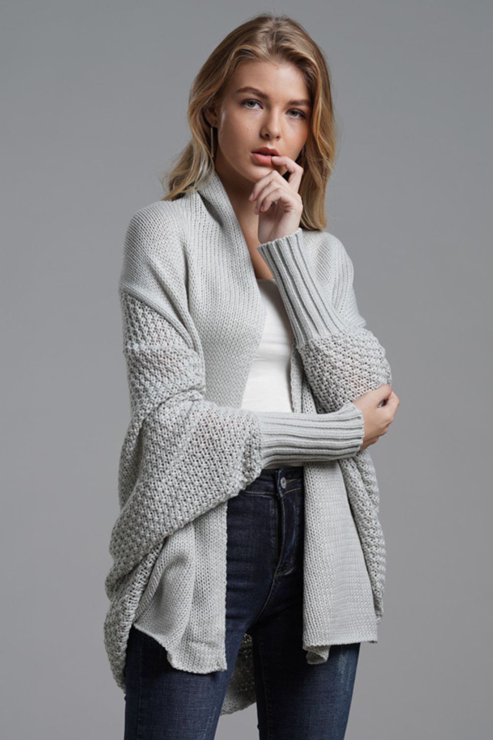 Modern Lady of Elegance Dolman Sleeve Open Front Ribbed Trim Longline Cardigan