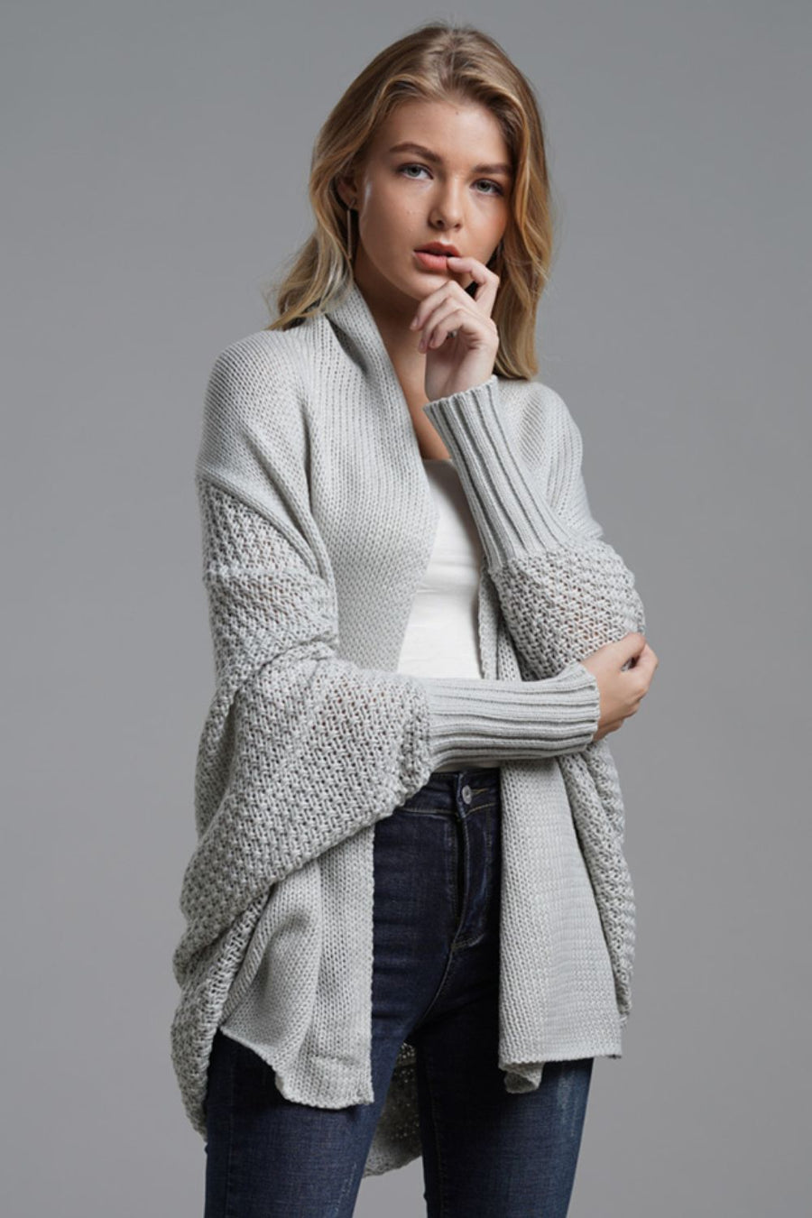 Modern Lady of Elegance Dolman Sleeve Open Front Ribbed Trim Longline Cardigan