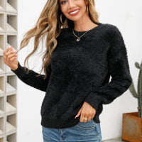 Dropped Shoulder Round Neck Fuzzy Sweater