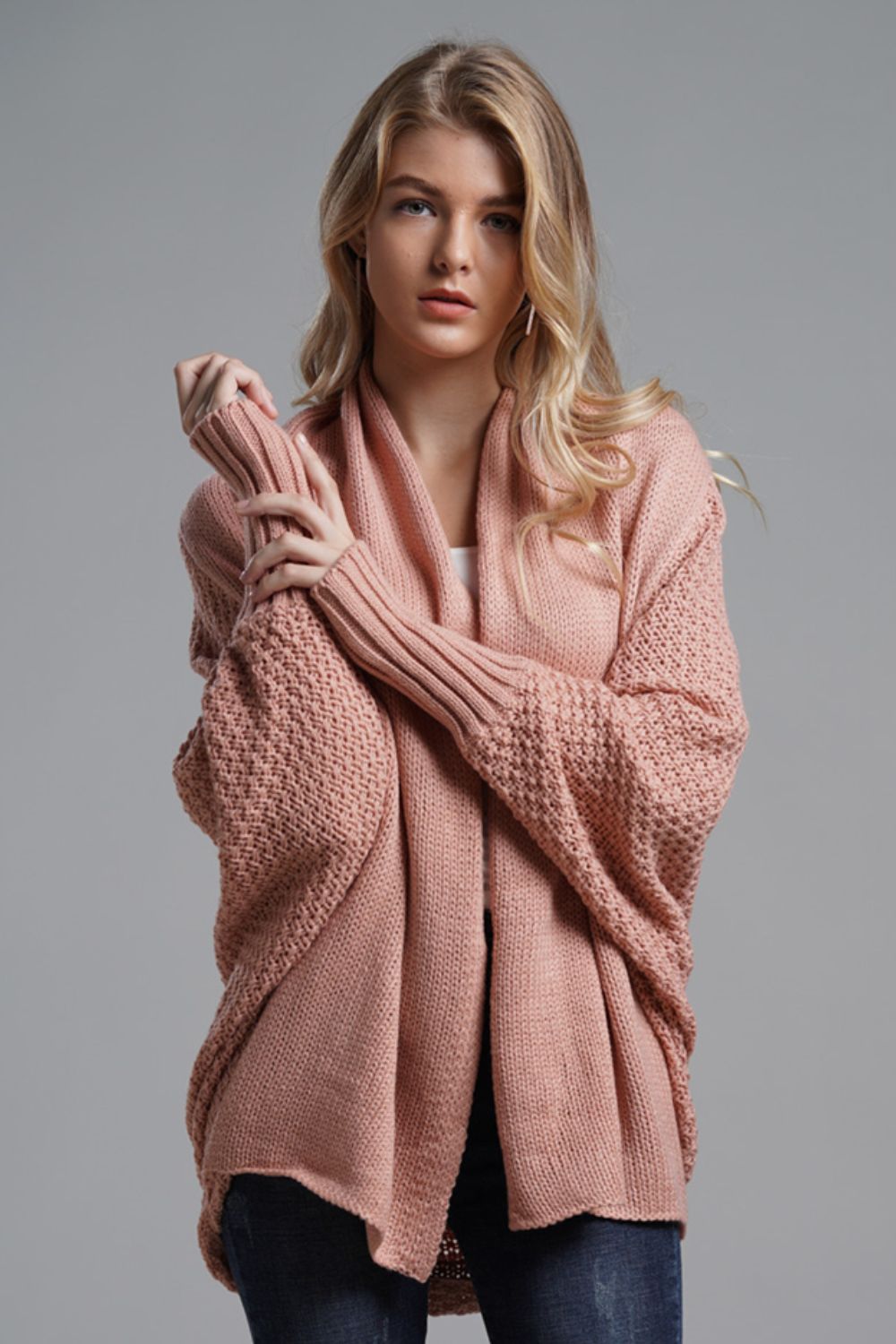 Modern Lady of Elegance Dolman Sleeve Open Front Ribbed Trim Longline Cardigan