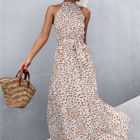 Printed Sleeveless Tie Waist Maxi Dress