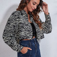 Zebra Print Button Up Collared Neck Cropped Jacket