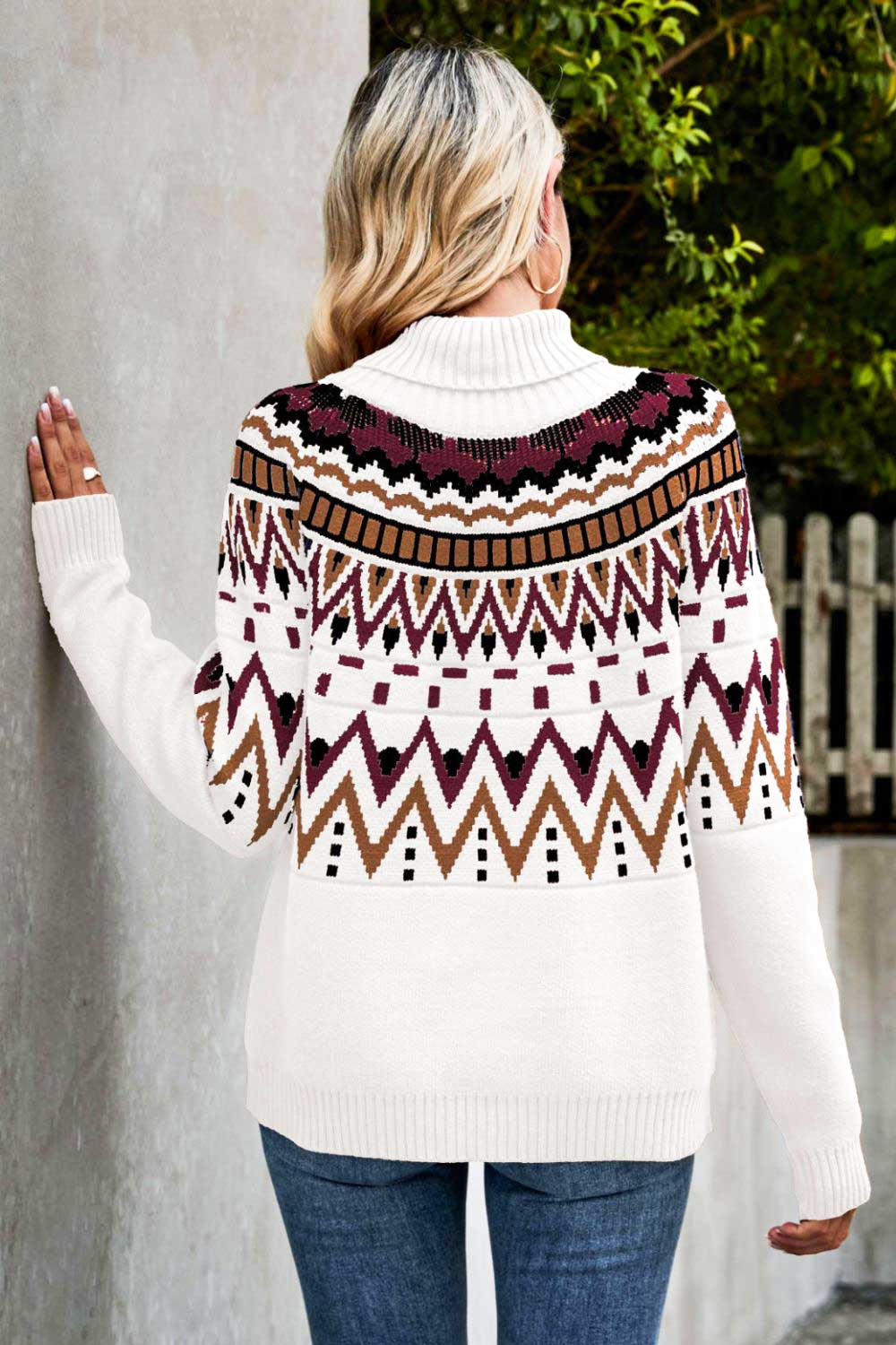 Colorful Trend Chevron Turtleneck Ribbed Trim Sweater