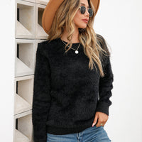 Dropped Shoulder Round Neck Fuzzy Sweater