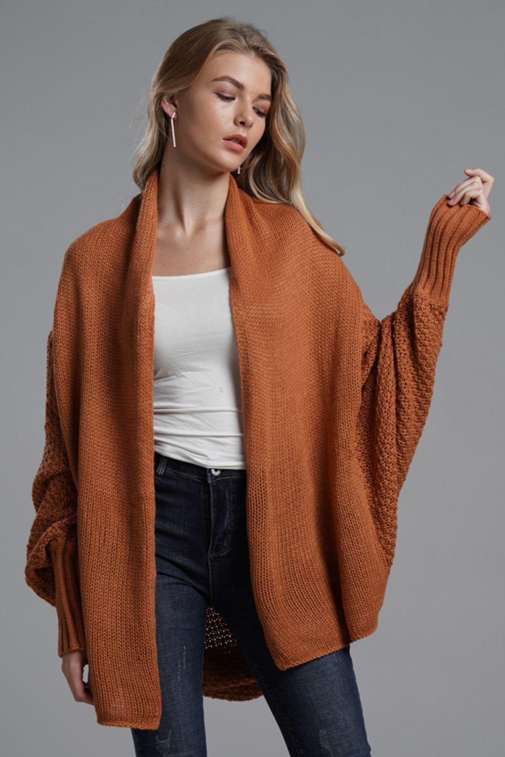 Modern Lady of Elegance Dolman Sleeve Open Front Ribbed Trim Longline Cardigan