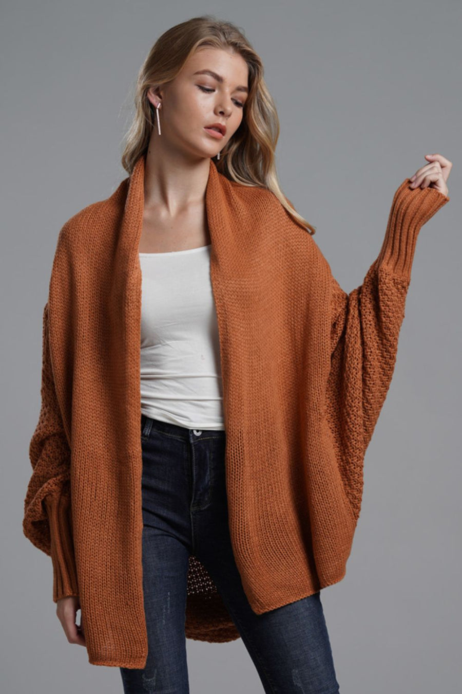 Modern Lady of Elegance Dolman Sleeve Open Front Ribbed Trim Longline Cardigan