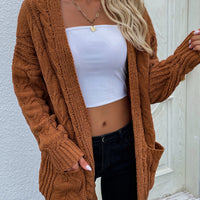 Cable-Knit Open Front Cardigan with Front Pockets