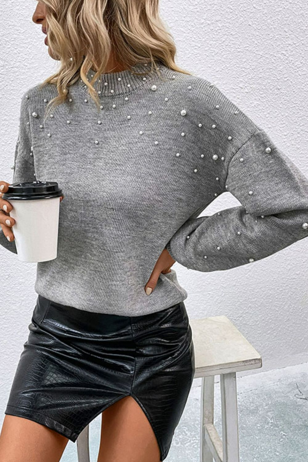 Pearl Bejeweled Dropped Shoulder Ribbed Trim Sweater