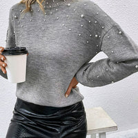 Pearl Bejeweled Dropped Shoulder Ribbed Trim Sweater
