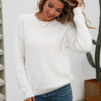 Dropped Shoulder Round Neck Fuzzy Sweater