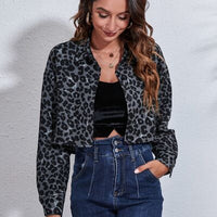 Leopard Button Up Collared Neck Cropped Jacket