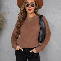 Dropped Shoulder Round Neck Fuzzy Sweater