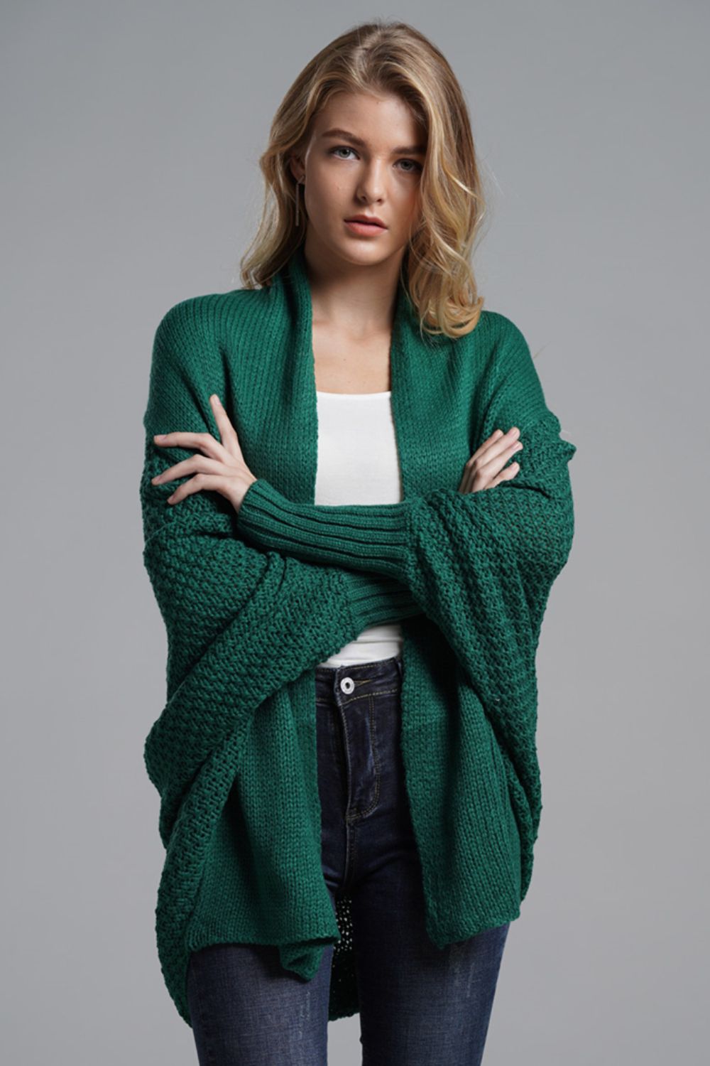 Modern Lady of Elegance Dolman Sleeve Open Front Ribbed Trim Longline Cardigan