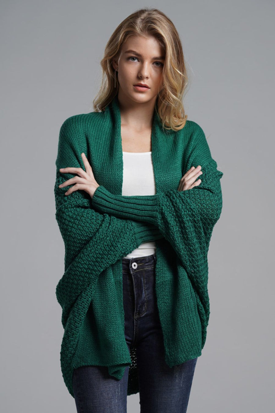 Modern Lady of Elegance Dolman Sleeve Open Front Ribbed Trim Longline Cardigan