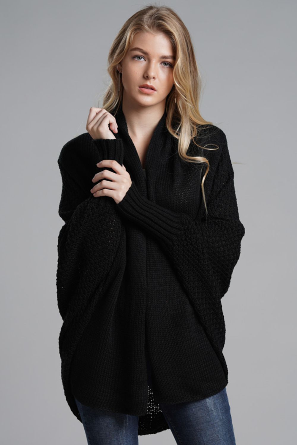 Modern Lady of Elegance Dolman Sleeve Open Front Ribbed Trim Longline Cardigan