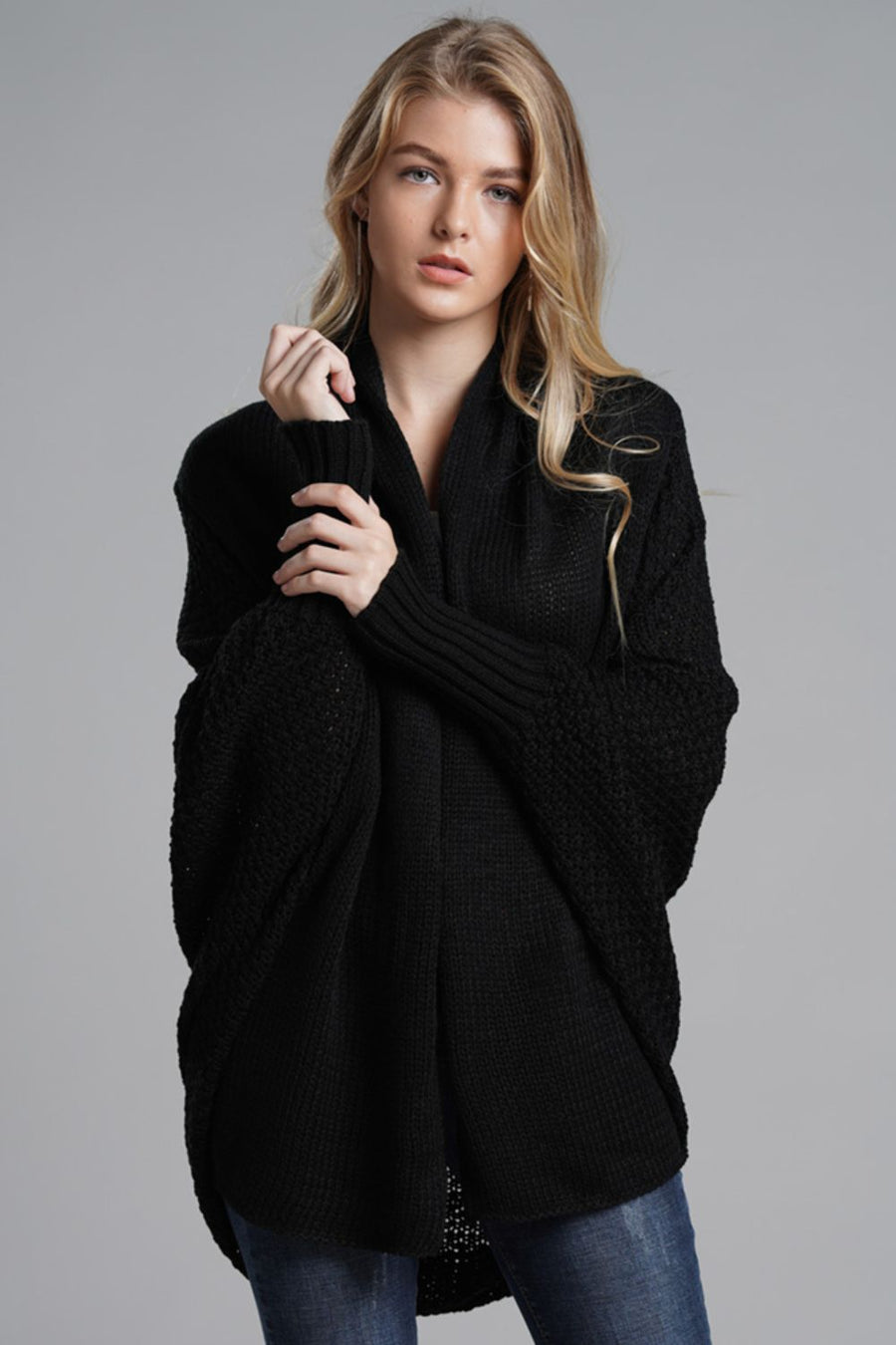 Modern Lady of Elegance Dolman Sleeve Open Front Ribbed Trim Longline Cardigan