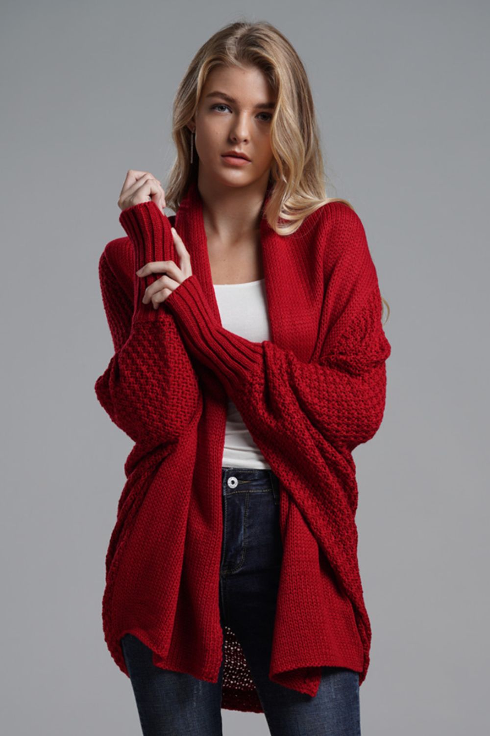 Modern Lady of Elegance Dolman Sleeve Open Front Ribbed Trim Longline Cardigan