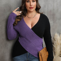 Vivacious Diva Plus Size Two-Tone Surplice Neck Sweater