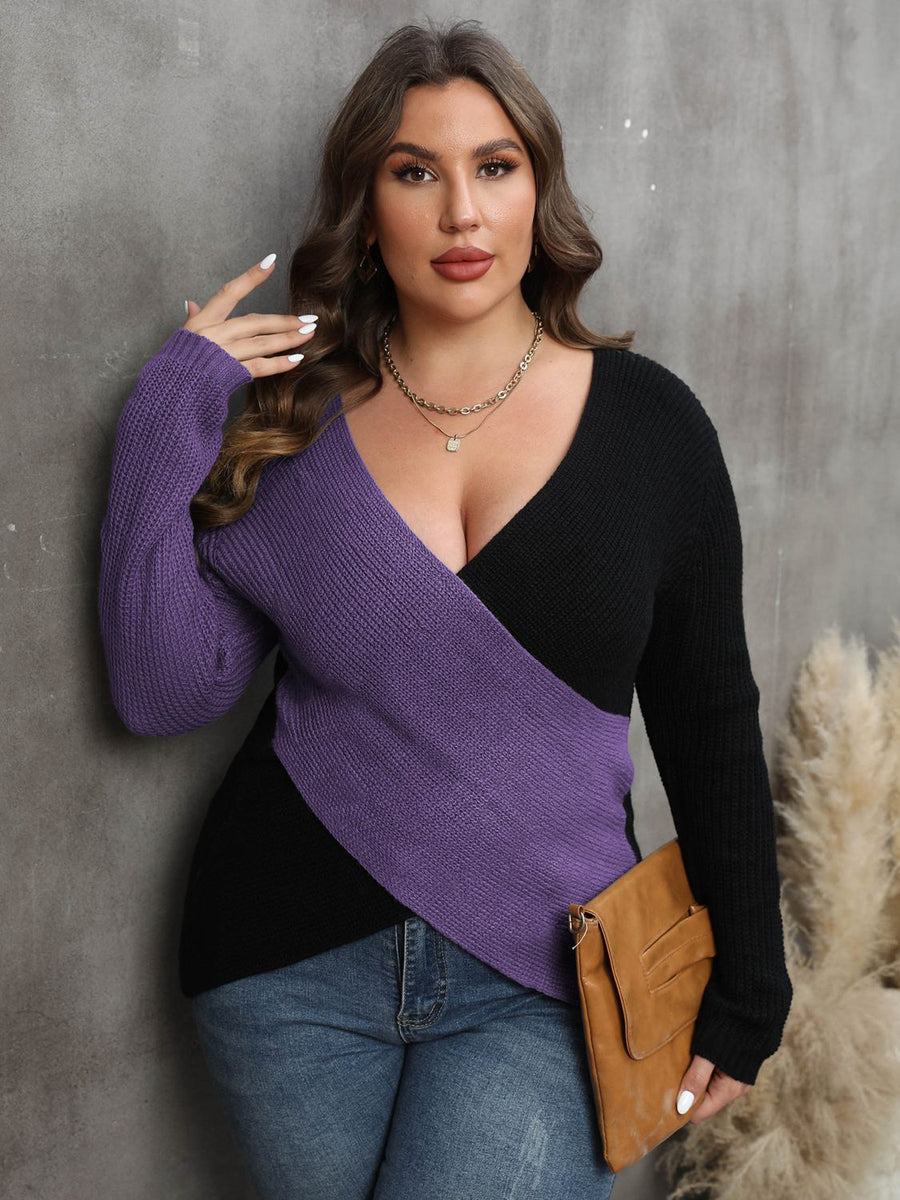 Vivacious Diva Plus Size Two-Tone Surplice Neck Sweater