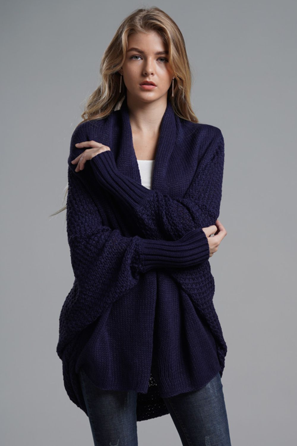 Modern Lady of Elegance Dolman Sleeve Open Front Ribbed Trim Longline Cardigan