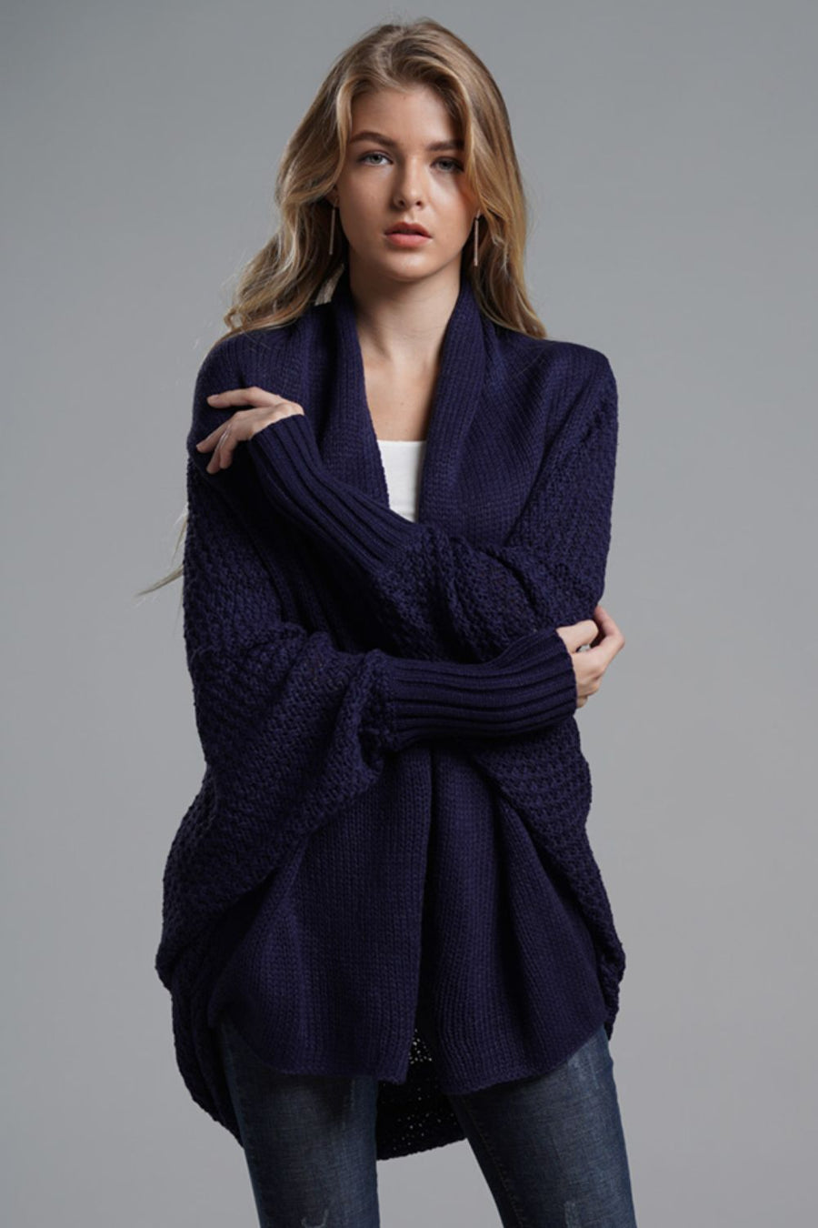 Modern Lady of Elegance Dolman Sleeve Open Front Ribbed Trim Longline Cardigan